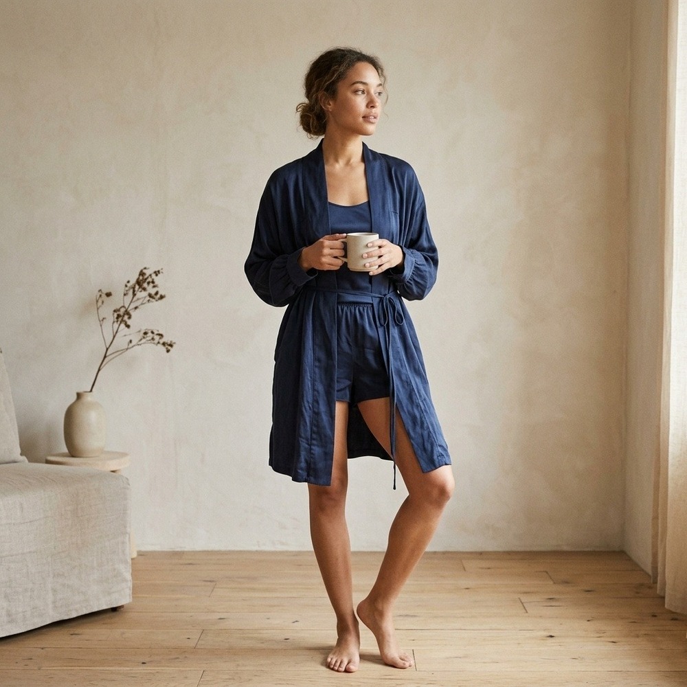 Lunya Womens Robe Medium Navy Blue Washable Silk Belted Pockets Luxury Sleepwear